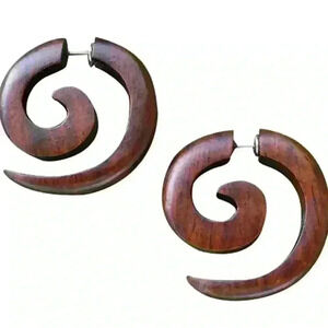 Organic wooden spiral hoop earrings fake gauges by umbrellalaboratory